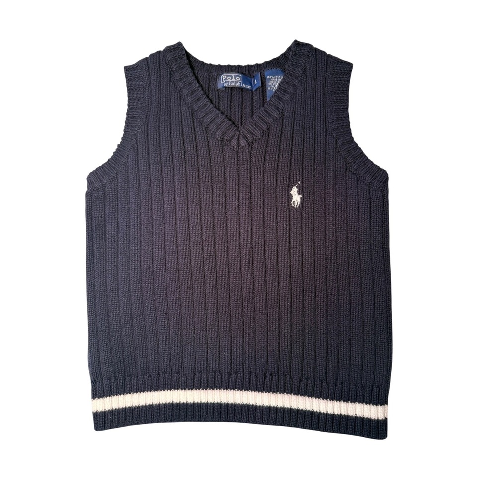 VTG Polo Ralph Lauren Boys 4T Navy Blue Cable Knit Sweater Vest Preppy